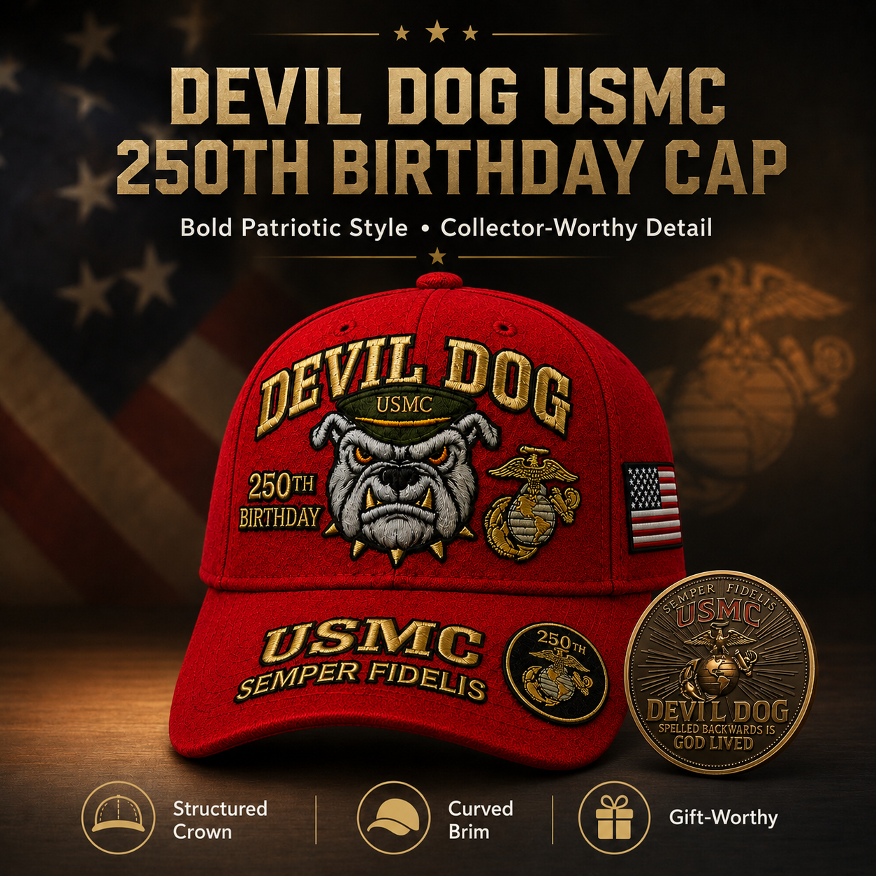 ❤️Devil Dog USMC 250th Birthday Commemorative Cover 🎁 Free Honor Coin With Every Cap Purchase