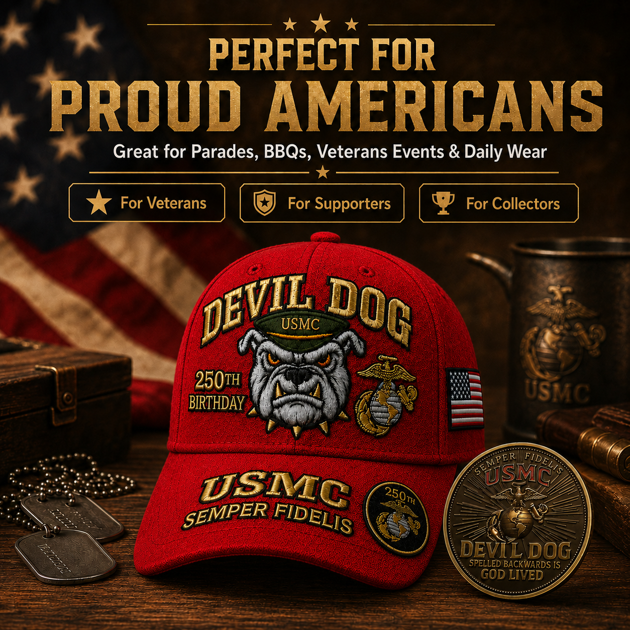 ❤️Devil Dog USMC 250th Birthday Commemorative Cover 🎁 Free Honor Coin With Every Cap Purchase