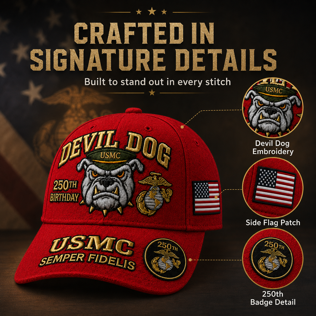 ❤️Devil Dog USMC 250th Birthday Commemorative Cover 🎁 Free Honor Coin With Every Cap Purchase